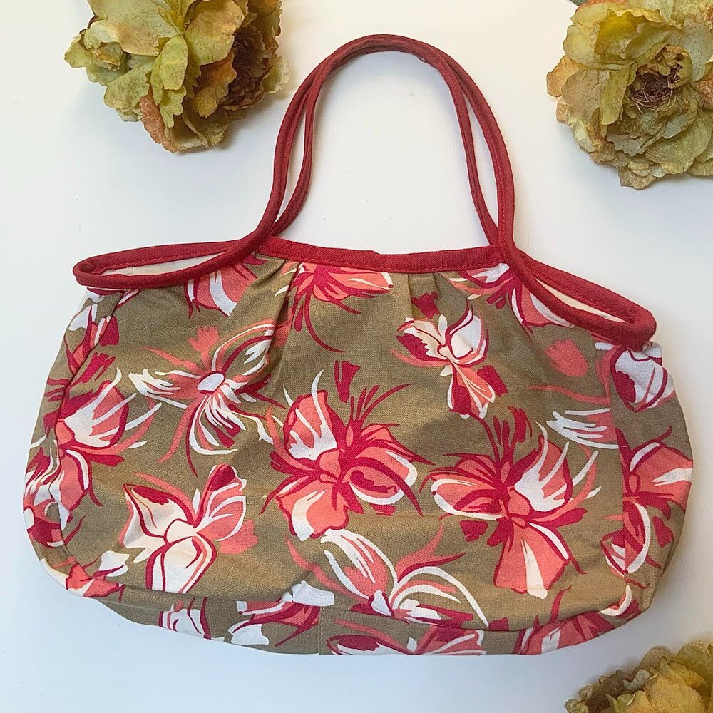 Brown Red and White Floral Cotton Fabric Tote Summer Bag